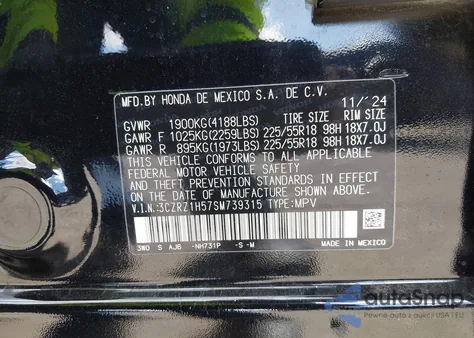 2025 Honda Hr-V 2Wd Sport z USA, uszkodzony, nr VIN 3CZRZ1H57SM739315